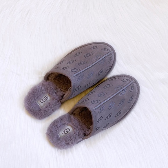 UGG Women’s Pearle Embossed Logo Stormy Grey Suede Slippers - Picture 3 of 8